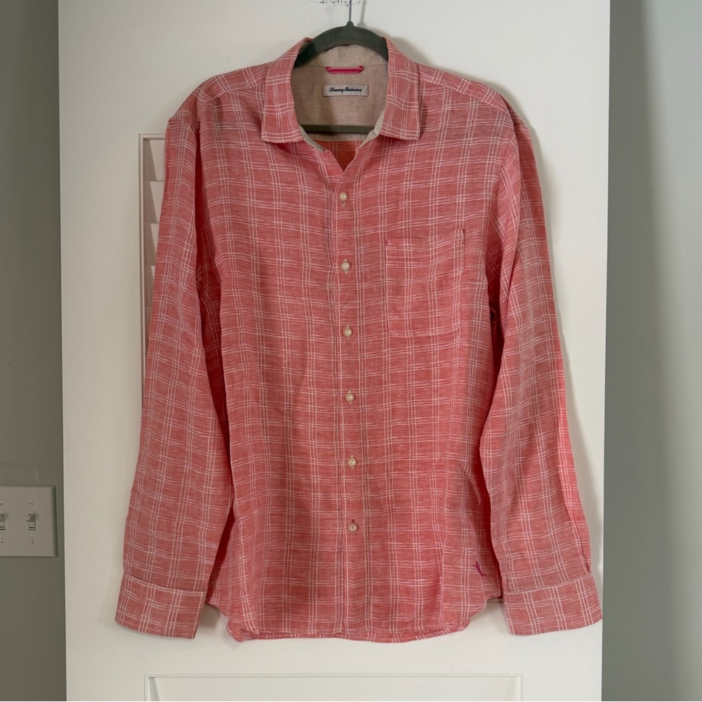 Tommy Bahama Linen Coral Plaid Button Down Shirt